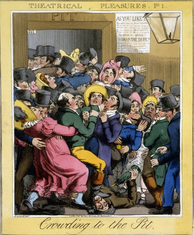 Crowding to the Pit, Plate 1 from Theatrical Pleasures, pub. Thos. McLean, London, 1821 by Theodore Lane